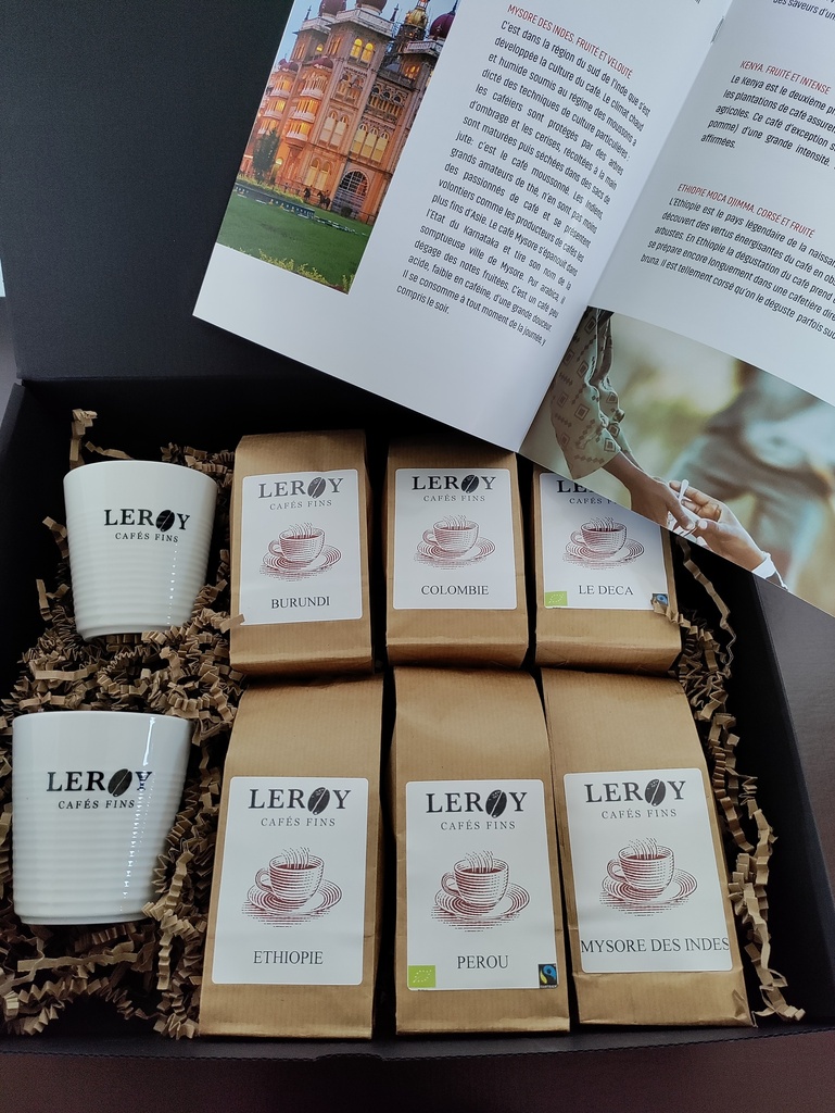 Coffret découverte " les Cafés Fins Leroy " Sélection de 6 Cafés Pure Origine et 2 mugs 